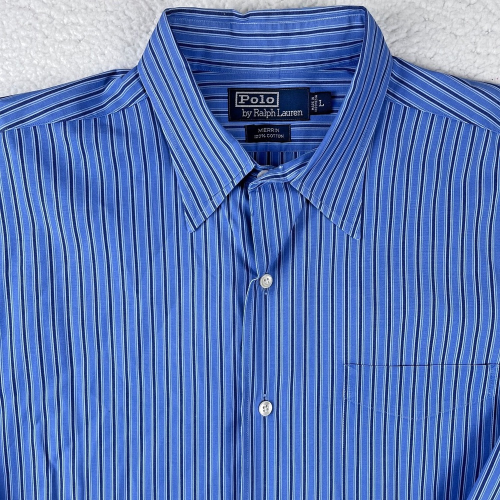 POLO RALPH‎ LAUREN Button Up Shirt Mens Large Blue Striped Merrin Cotton Casual